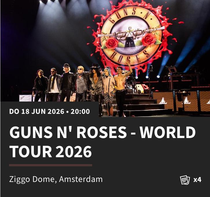 4 kaarten te koop voor Guns N’ Roses, Tickets en Kaartjes, Concerten | Rock en Metal, Drie personen of meer, Hard Rock of Metal