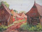 Boerderijen, olieverf op paneel, klein werkje op paneel 18 x, Ophalen of Verzenden