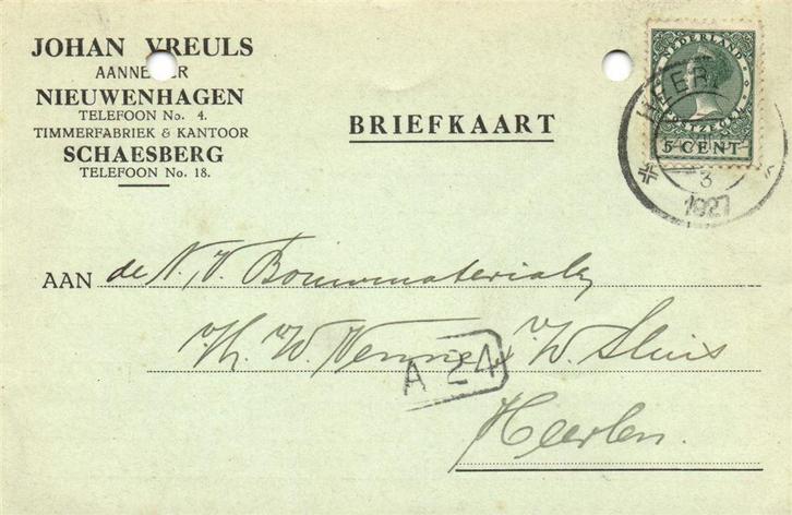Johan Vreuls, Aannemer, Nieuwenhagen - 12.1927 - briefkaart, Postzegels en Munten, Brieven en Enveloppen | Nederland, Briefkaart