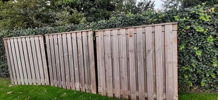 Schuttingpanelen, deur, gaaspaneel en betonpalen, Tuin en Terras, Schuttingen, Gebruikt, Hout, 1 tot 2 meter, 6 meter of meer