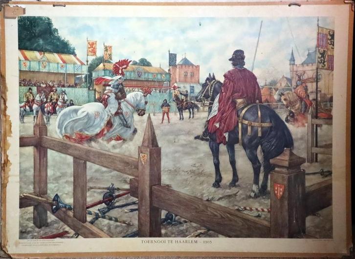 Toernooi te Haarlem, 1305, Antiek en Kunst, Antiek | Schoolplaten, Geschiedenis, Ophalen