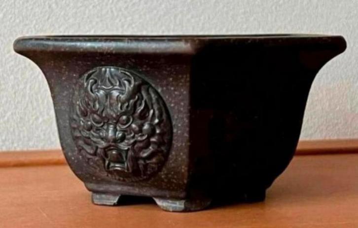 Bonsai pot handgemaakt bruin gedecoreerd Leeuw gemerkt 13,3, Tuin en Terras, Bloempotten, Nieuw, Aardewerk, Minder dan 40 cm, Minder dan 25 cm