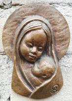Madonna met kind. Bronzen plaquette. Sign. 11 cm., Ophalen, Zo goed als nieuw, Beeld(je), Christendom | Katholiek