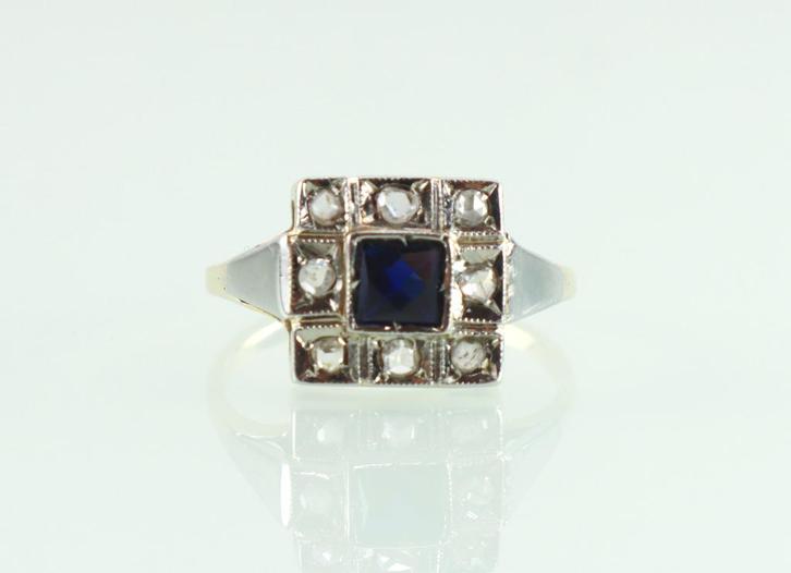 Art Deco gouden ring saffier roosdiamant, Sieraden, Tassen en Uiterlijk, Antieke sieraden, Ring, Goud, Met edelsteen, Ophalen of Verzenden