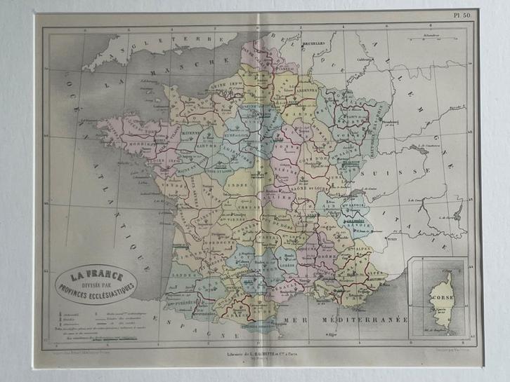 1865 Landkaart Frankrijk / provinces O U D in moooie lijst, Boeken, Atlassen en Landkaarten, Zo goed als nieuw, Landkaart, Frankrijk