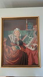 Vintage - geborduurd schilderij van lezende vrouw, Ophalen of Verzenden
