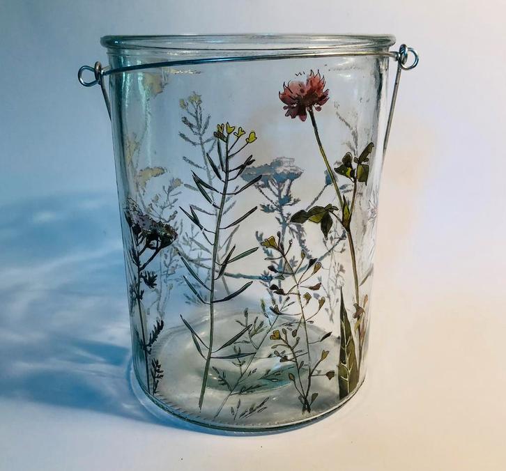 Mooi glazen windlicht met bloemen opdruk, Huis en Inrichting, Woonaccessoires | Kandelaars en Kaarsen, Minder dan 25 cm, Overige materialen