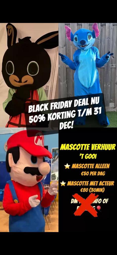 Mascottes Mario, Stitch, Bing te huur met of zonder acteur, Diensten en Vakmensen, Kinderfeestjes en Entertainers, Clowns of Entertainers