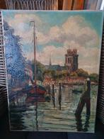 Schilderij van een haven met zeilboot en kerk, Ophalen of Verzenden