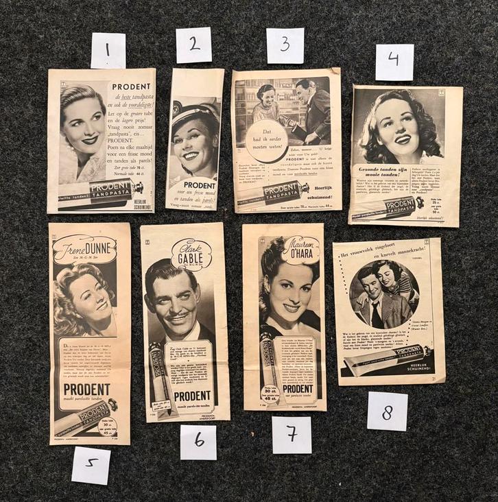 8 advertenties ‘Prodent’ (1947-1951), Verzamelen, Tijdschriften, Kranten en Knipsels, Knipsel(s), 1940 tot 1960, Ophalen of Verzenden