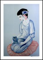 # MARA TRAN LONG # Elegante Oosterse Vrouw met Poes #, Antiek en Kunst, Kunst | Schilderijen | Modern, Ophalen of Verzenden