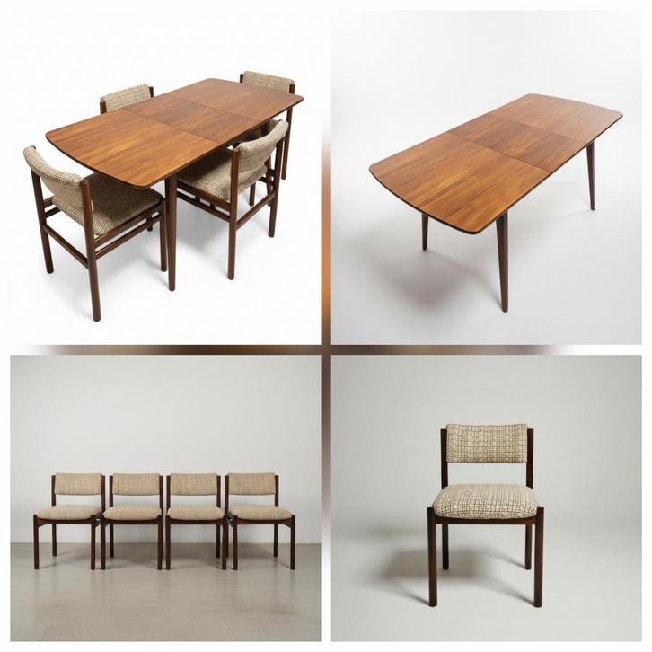 Vintage teakhouten tafel 4 stoelen Midcentury uitschuifbaar, Antiek en Kunst, Curiosa en Brocante, Ophalen of Verzenden