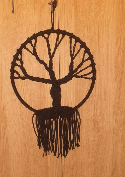 Handgemaakte Macrame levensboom zwart in 26 cm ring, Huis en Inrichting, Woonaccessoires | Wanddecoraties, Nieuw, Verzenden