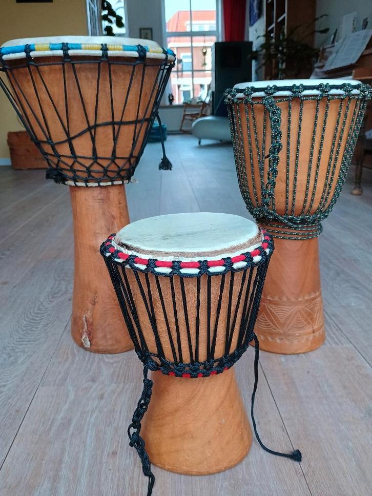 Djembé, set van drie, Muziek en Instrumenten, Percussie, Gebruikt, Trommel, Ophalen