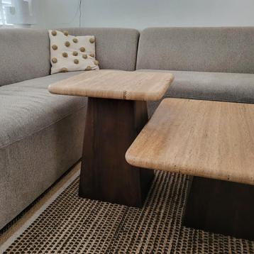 Salontafel + bijzettafel set van 2 travertin en mangohout  beschikbaar voor biedingen