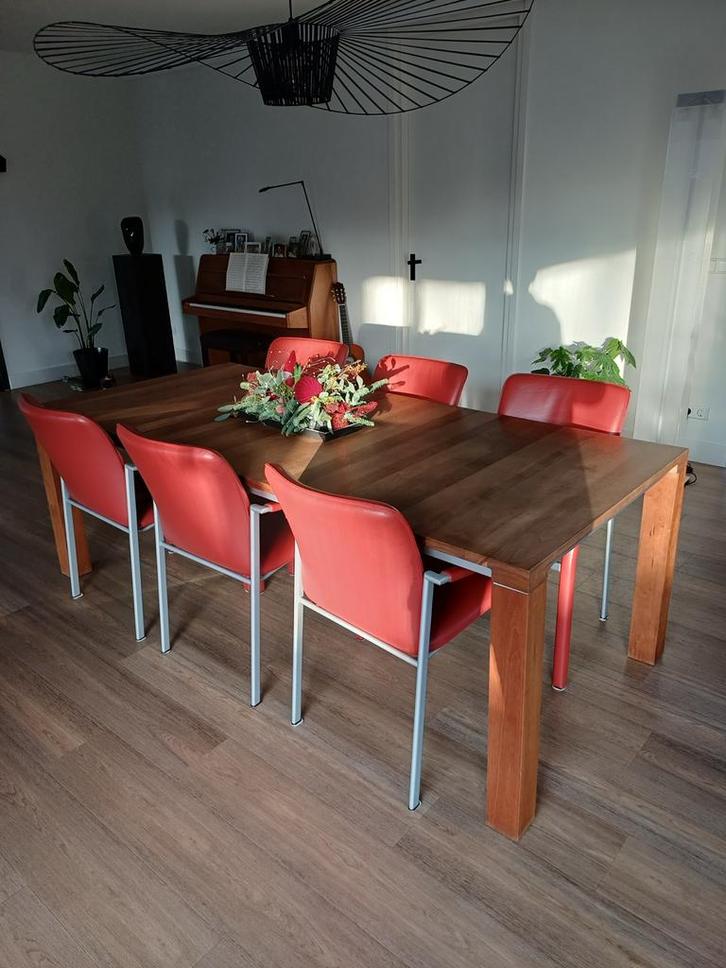 Leolux eettafel met 6 leren stoelen, Huis en Inrichting, Complete eetkamers, Gebruikt, 6 tot 8 stoelen, Ophalen