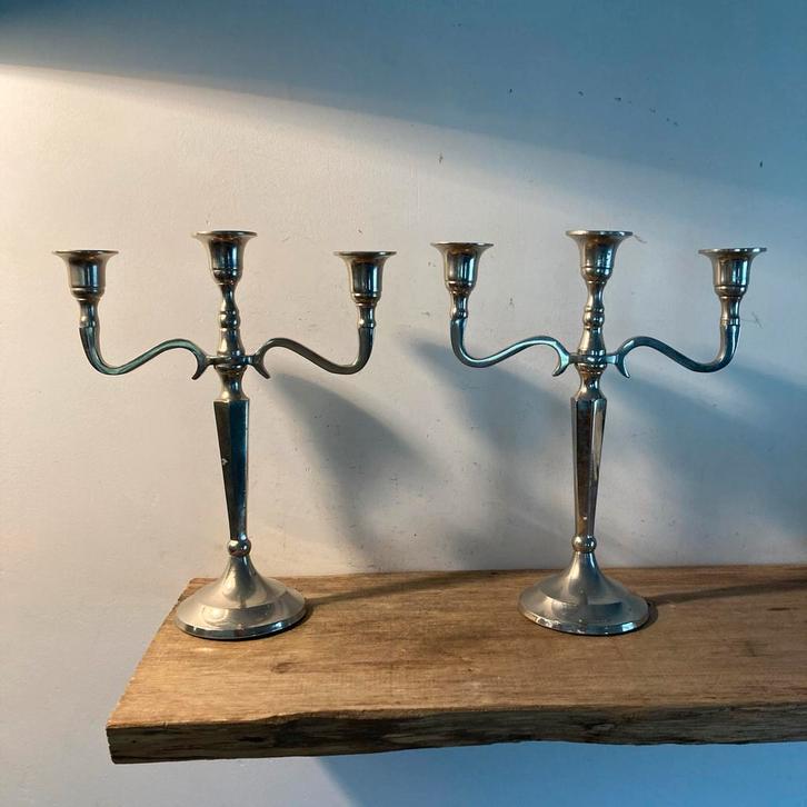 Zilverkleurige Kandelaars - Set van 2, Antiek en Kunst, Curiosa en Brocante, Ophalen of Verzenden