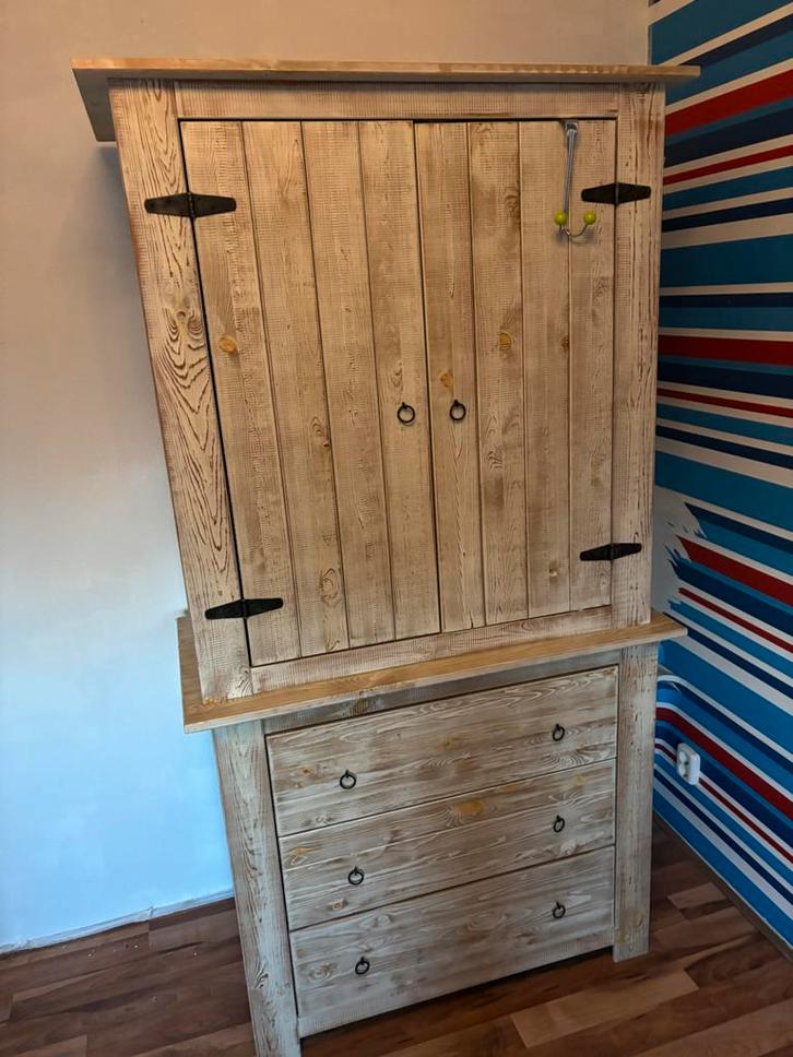 Antieke Grenen Kinderkledingkast met Laden en Legplanken, Huis en Inrichting, Kasten | Kledingkasten, Gebruikt, 150 tot 200 cm