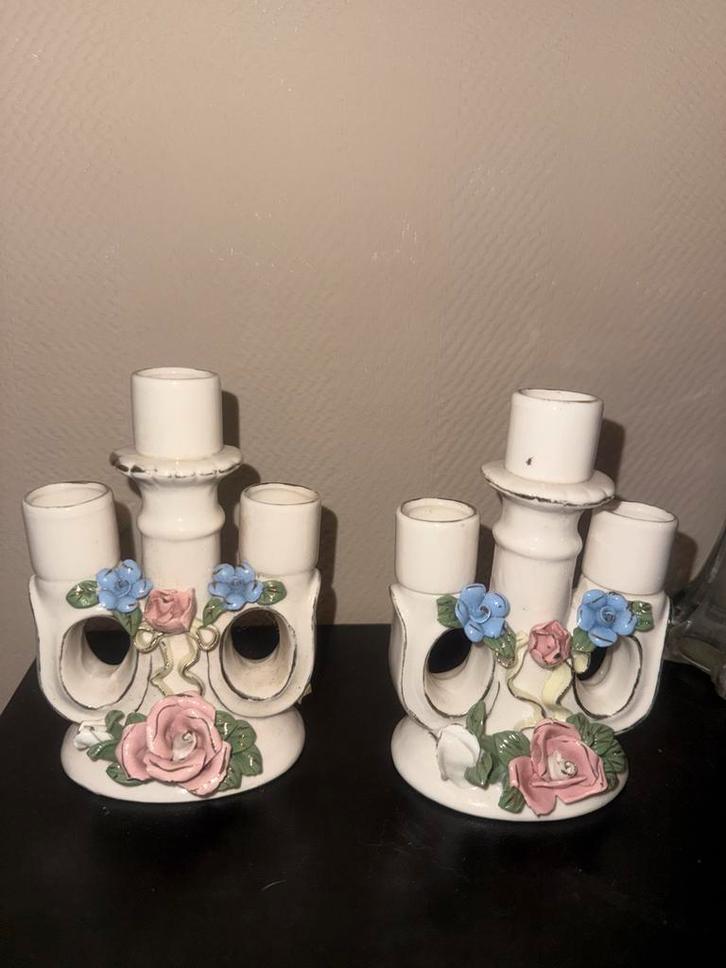Vintage Porseleinen Kandelaars - Set van 2, Huis en Inrichting, Woonaccessoires | Kandelaars en Kaarsen, Gebruikt, Kandelaar, Minder dan 25 cm