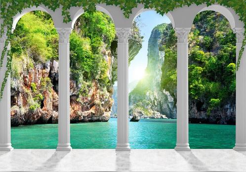 51 Togen Paradijs Vlies Fotobehang 350x250cm in 3 maten XXL, Huis en Inrichting, Stoffering | Behang, Blauw, Wit, Zwart, Beige