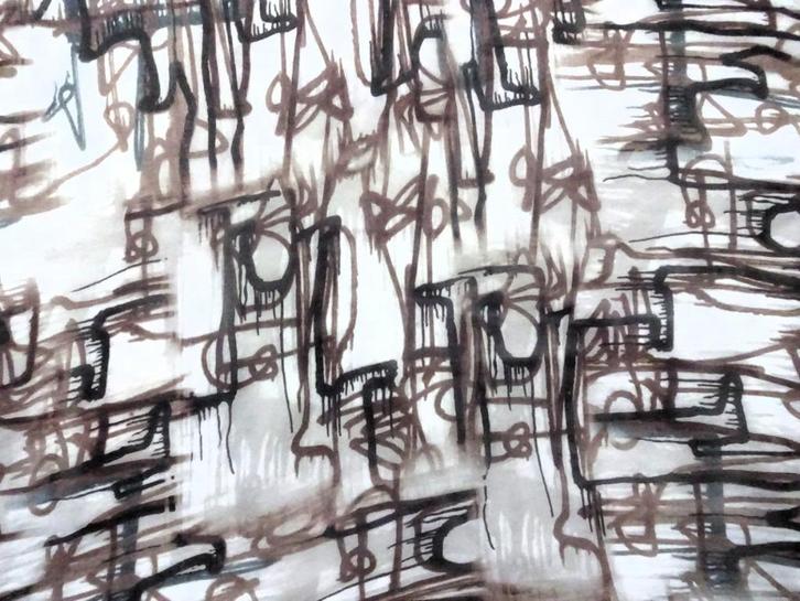 Creme met zwart bruine kronkel lijnen lapje 140 x 150 cm, Hobby en Vrije tijd, Stoffen en Lappen, Nieuw, Katoen, 120 cm of meer