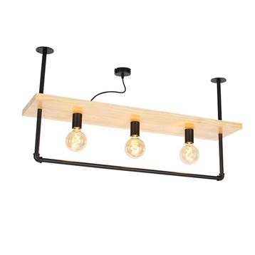 Industriële plafondlamp zwart met hout 3-lichts  beschikbaar voor biedingen