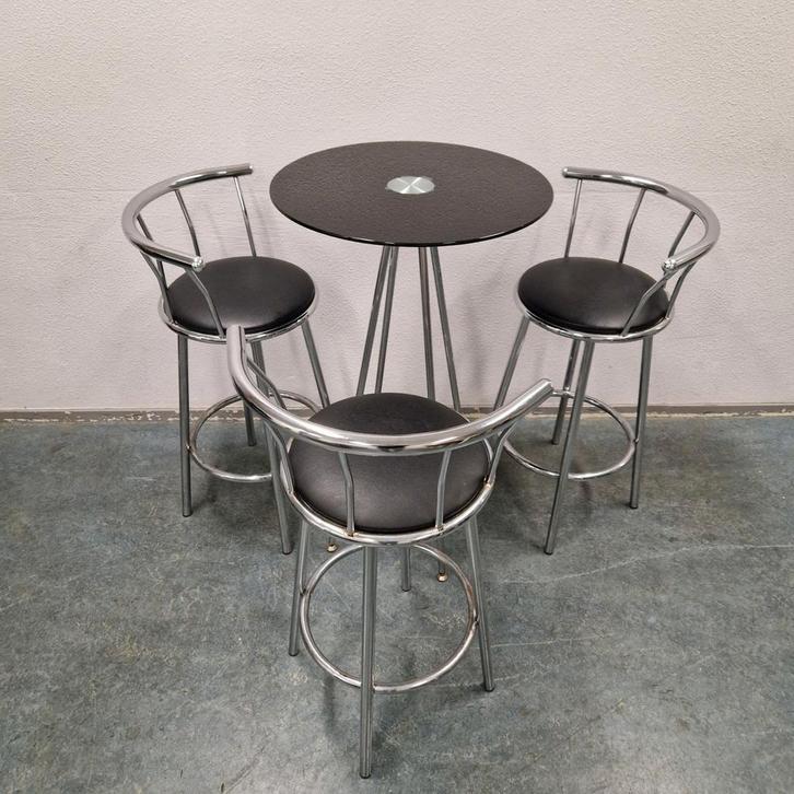 Bar tafel met 3 barkrukken statafel bar cafe pub keet, Huis en Inrichting, Barkrukken, Gebruikt, 60 tot 90 cm, Metaal, 3 krukken