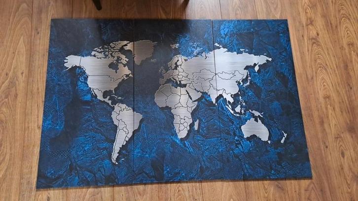 Wereldkaart Schilderij 3-delig blauw/zilver, Huis en Inrichting, Woonaccessoires | Wanddecoraties, Zo goed als nieuw, Ophalen