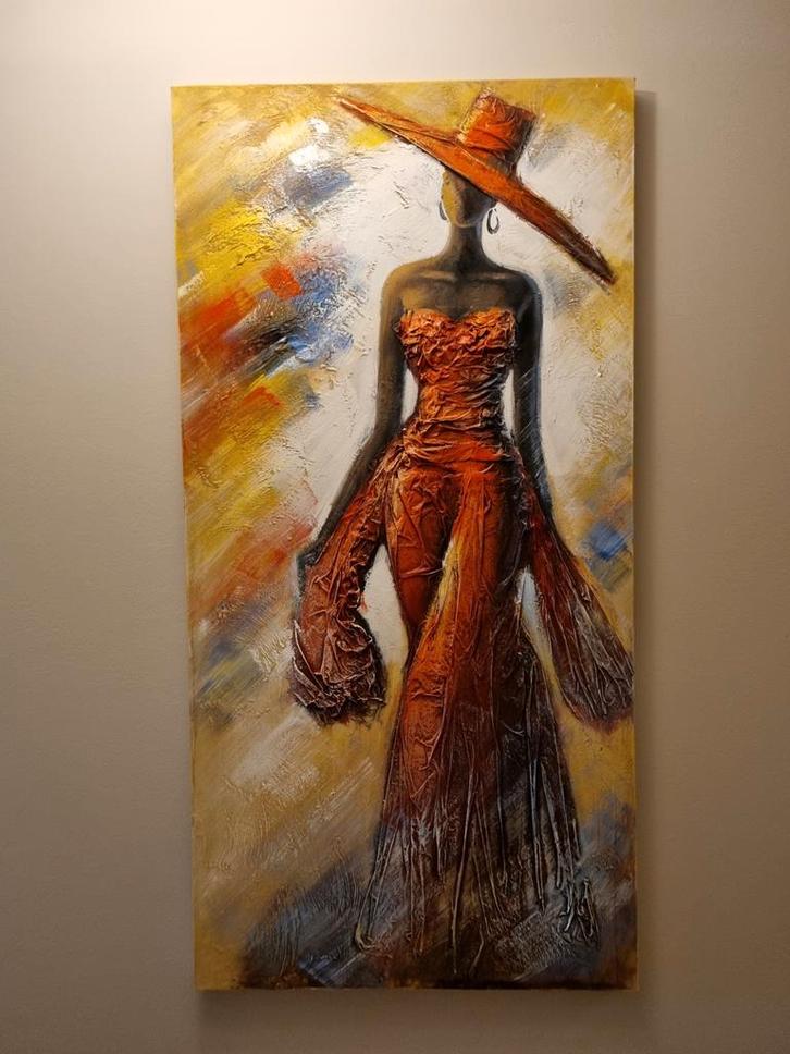 Elegant Schilderij met Dame in Oranje en rood, Antiek en Kunst, Kunst | Schilderijen | Klassiek, Ophalen