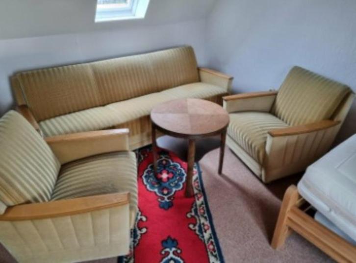 retro 60er jaren klap/slaap bankstel en 2 fauteuils, Huis en Inrichting, Banken | Bankstellen, Gebruikt, 75 tot 100 cm, Ophalen