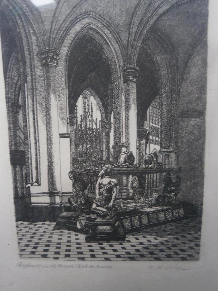 V.D Velden, Mooie Zw-wit ets, v/d Graftombe Kerk Breda, Antiek en Kunst, Kunst | Etsen en Gravures, Ophalen of Verzenden