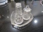 Antiek kristallen setje peper, zout mosterd op blaadje, Antiek en Kunst, Antiek | Glas en Kristal, Ophalen