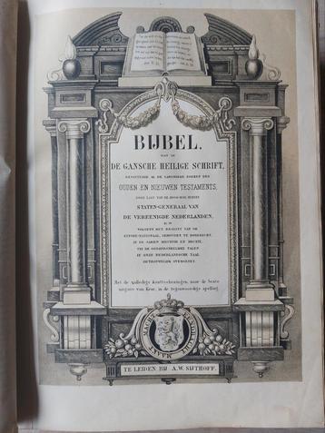 Antieke Bijbel, in oud- Hollandsch, met fraaie platen in kle beschikbaar voor biedingen