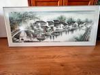 Groot aquarelschilderij in lijst met zijden stof, Antiek en Kunst, Kunst | Schilderijen | Modern, Ophalen