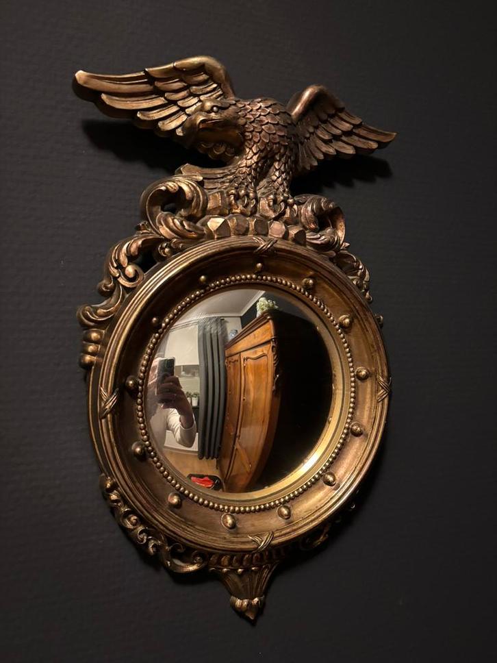 Bolspiegel met adelaar, Antiek en Kunst, Antiek | Spiegels, Minder dan 50 cm, Minder dan 100 cm, Rond, Ophalen of Verzenden