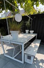 Tuintafel wit met aluminium onderstel en houten blad, Tuin en Terras, Ophalen, Zo goed als nieuw, Rechthoekig, Aluminium