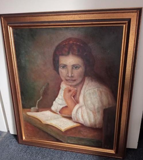 Antiek Schilderij met mooie lijst " Meisje in het Venster"., Antiek en Kunst, Kunst | Schilderijen | Klassiek, Ophalen