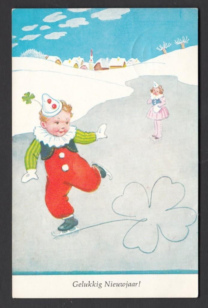 Jongen schaatst Klavertjevier in het ijs 1965 gelopen, Verzenden, 1960 tot 1980, Gelopen, Sport en Spel