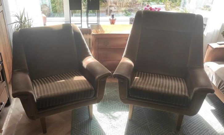 2 Vintage Fauteuils | Jaren ’60 | Mid-Century Design, Huis en Inrichting, Fauteuils, Gebruikt, Stof, Minder dan 50 cm, Minder dan 75 cm