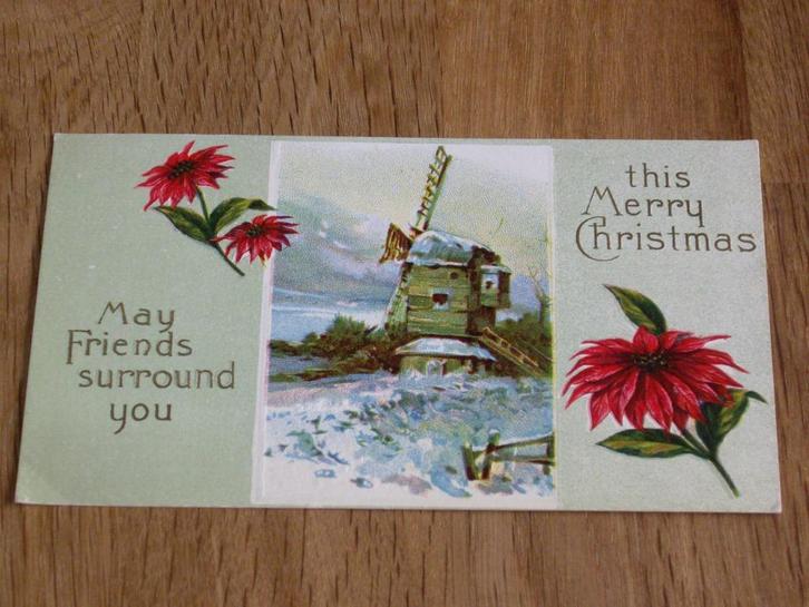 Amerika, oude kerstkaart in relief Molen tafereel, Verzamelen, Ansichtkaarten | Themakaarten, Ongelopen, Voor 1920, Feest(dag)