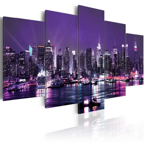 165 Paars New York Skyline 5 Luik Canvas Schilderij 200x100, Antiek en Kunst, Kunst | Schilderijen | Modern, Ophalen of Verzenden