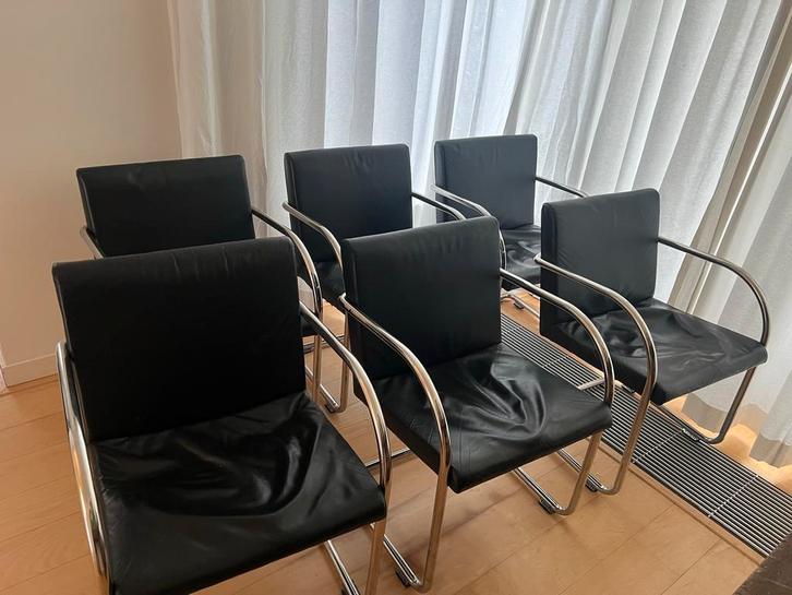 6 Zwarte Leren Eetkamerstoelen - Gebruikt, Huis en Inrichting, Stoelen, Gebruikt, Vijf, Zes of meer stoelen, Leer, Zwart, Ophalen