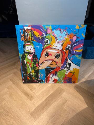 Koe met Bier Canvas - Leuk Cadeau! beschikbaar voor biedingen