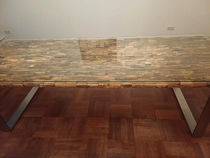 Unieke eettafel van houten blokjes met glasplaat, Huis en Inrichting, Tafels | Eettafels, 200 cm of meer, Rechthoekig, Ophalen of Verzenden