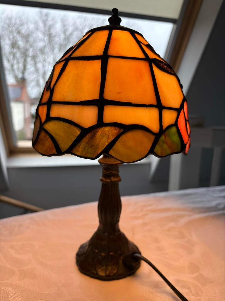 Tiffany Tafel Lamp met Libelle Motief, Ophalen of Verzenden, Gebruikt, Glas, Minder dan 50 cm
