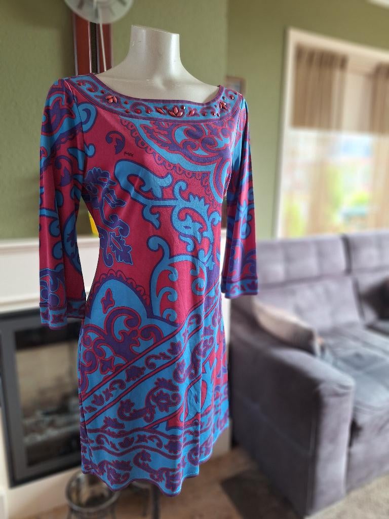 Hale Bob blauw paars roze boat neck jurk zijden M, Maat 38/40 (M), Knielengte, Gedragen, Hale Bob