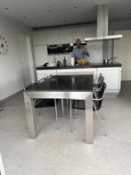 Hardstenen tafel met rvs frame en 6 stoelen, Tuin en Terras, Tuintafels, Ophalen, Gebruikt, Rechthoekig, Rvs