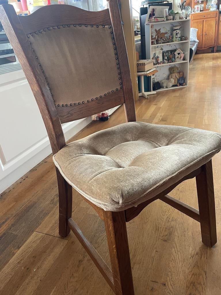 4 eettafel stoelen eiken met donkerbeige stof, Ophalen, Gebruikt, Bruin, Vier