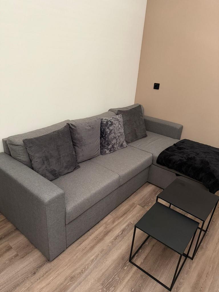 MARSLEV slaapbank met chaise longue en opbergruimte, Ophalen, 125 tot 150 cm, Driepersoons, Zo goed als nieuw