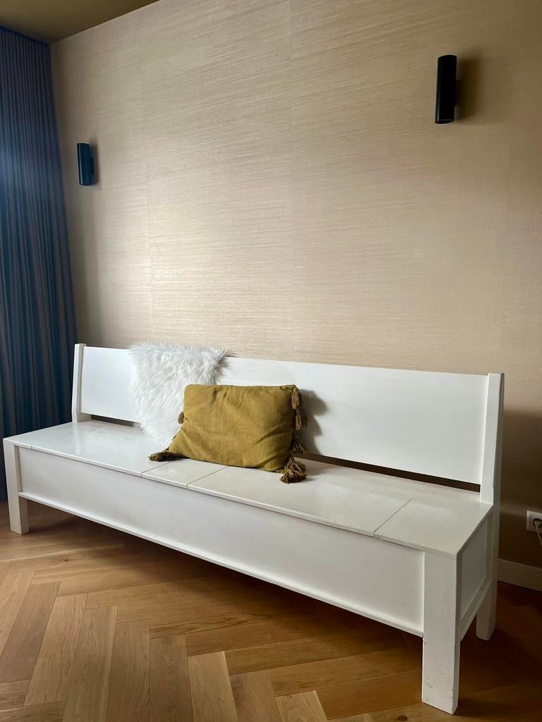 Houten witte klepbank 220 cm breed, Ophalen, Gebruikt, Minder dan 75 cm, Driepersoons